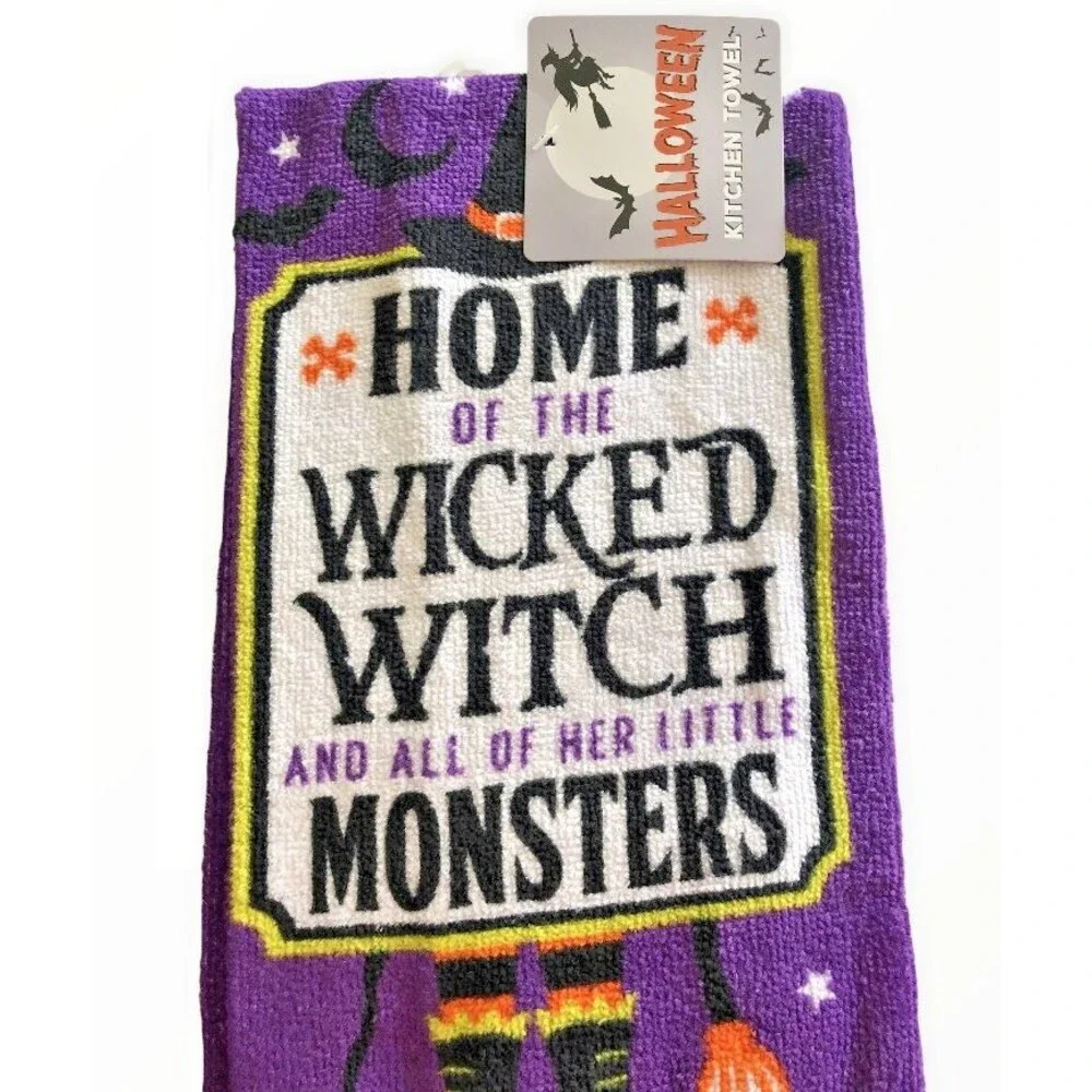 Halloween Trick Treat Kitchen Dish Towels Home of Wicked Witch Monster Set of 2